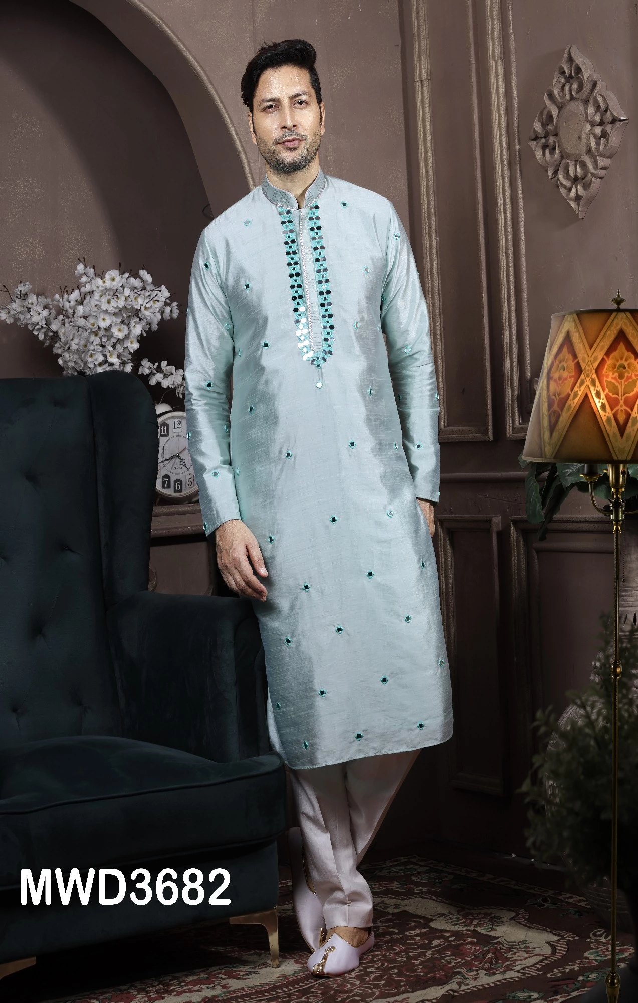 Blue Mirror Work Readymade Kurta Pyjama, 36-1.webp
